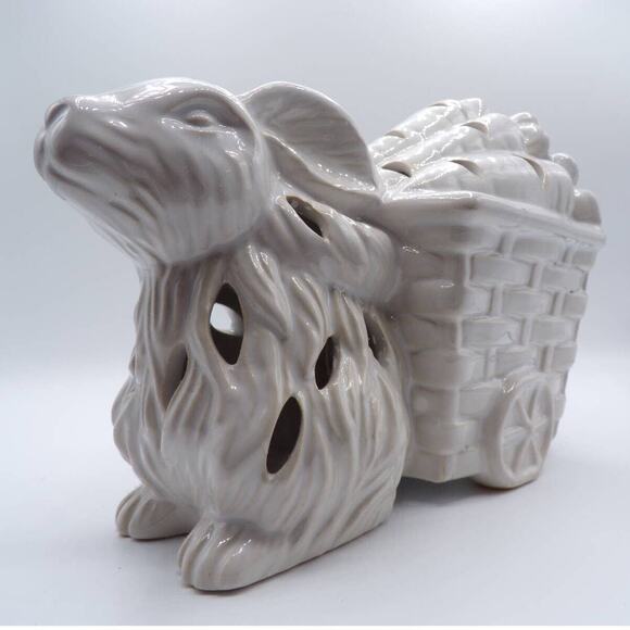 Bunny with Carrot Wagon Potpourri Sachet Holder White Glaze 5.5" High - Picture 2 of 8